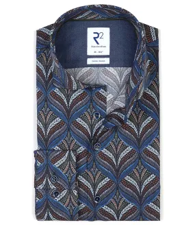 R2 Amsterdam 114.WSP.083/010 overhemd donkerblauw groen grijs blauw bruin grafische print